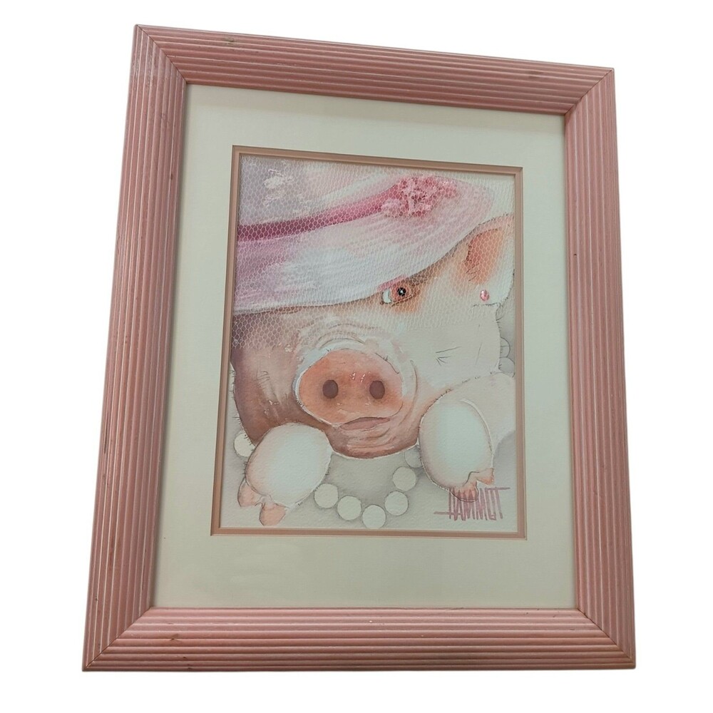 Pink Pig With Hat & Pearls Original Watercolor By Shirley Hammet 16.5" x 13.5"